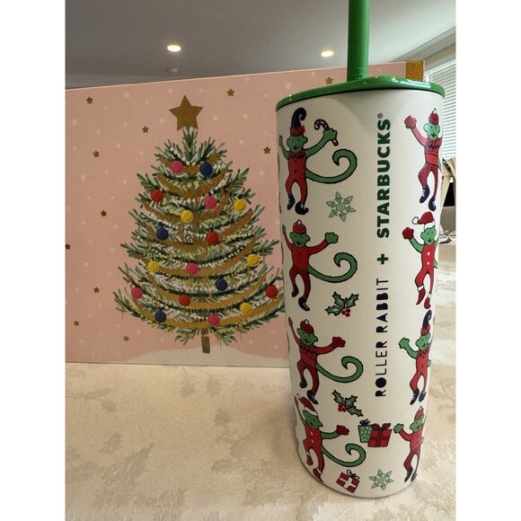 Starbucks x Roller Rabbit Stainless Steel Tumbler Cup Holiday Monkey 2025 - Picture 2 of 5